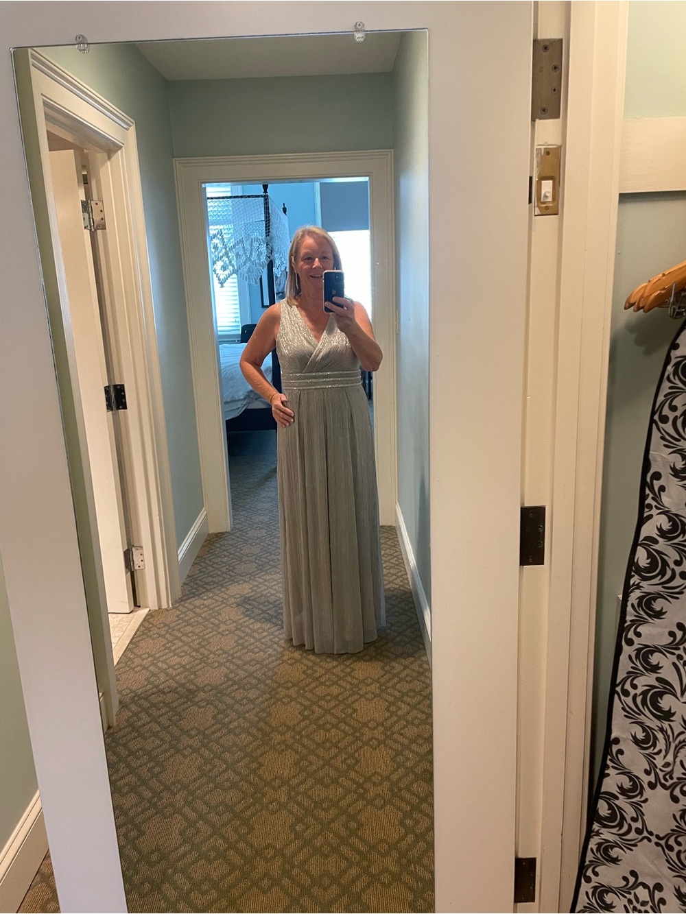 R&M Richards Silver Sleeveless V-Neck Maxi Gown